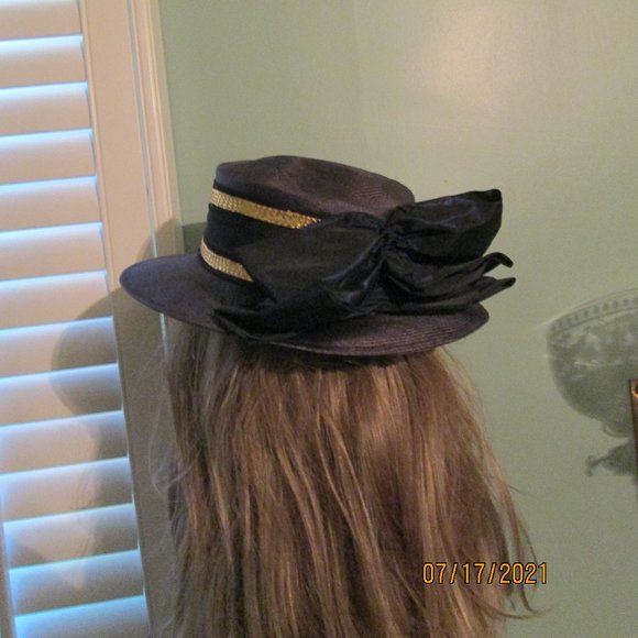 Eric Javits Black Straw Hat Gold Trim Bow Back main image 8